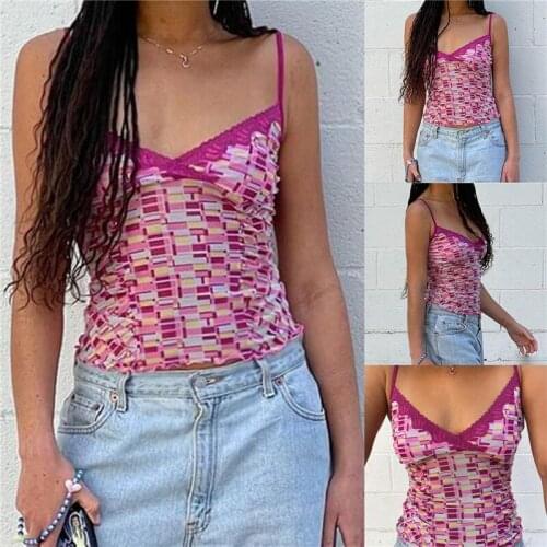 2021 Fashion Trend Women Close-fitting Camisole Fuchsia Printed Pattern V-neck Sleeveless Tops Summer Casual Daily Tanks Sun-tos