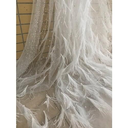 Unique african feather net lace fabric SYJ-98883 with beads french tulle lace fabric for bridal dress