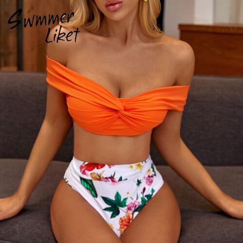 Vintage floral print bikini set 2020 Off shouder swimsuit female High waist swimwear women Pleated bathers bathing suit biquini