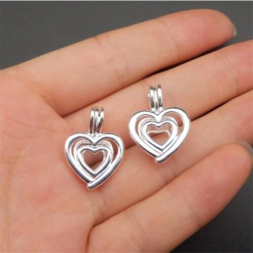 10pcs bright silver heart pearl cage necklace pendant, aroma oil diffuser adds your own pearl, stone makes it more attractive