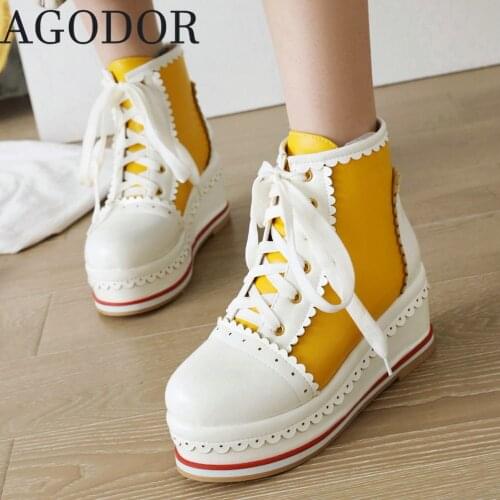 AGODOR Cute Ankle Boots Plus Size Platform White Lolita Ankle Boot Wedge High Heel Vintage Lace Up Booties Women Winter Shoes
