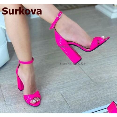 Surkova Pink Orange Mirror Leather Sandals Chunky High Heel Cross Strap Wedding Shoes Size46 Women Dropship Banquet Pumps