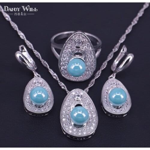 Women Costume Freshwater Natural Pearl Silver Color Jewelry Sets White Zircon Pendant&Necklace Rings Earrings Gift Box