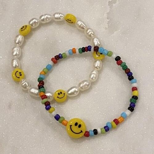 Baroque Imitation Pearls Beaded Bracelet for Women Yellow Smiley Charm Bracelet Female Hand Chain 2021 Fashion Jewelry New