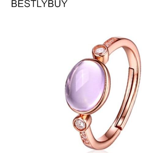 BESTLYBUY 925 Sterling Silver Luxury Jewelry 8*6mm Natural Rose Quartzs Wedding Engagement Rings For Women with gift box