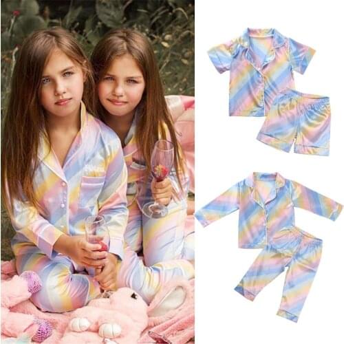 2020 Casual Spring Autumn Kids Baby Girls Boys Pajama Sets Colorful Rainbow Short Long Sleeve Tops+Pants Sleepwear Nightwear