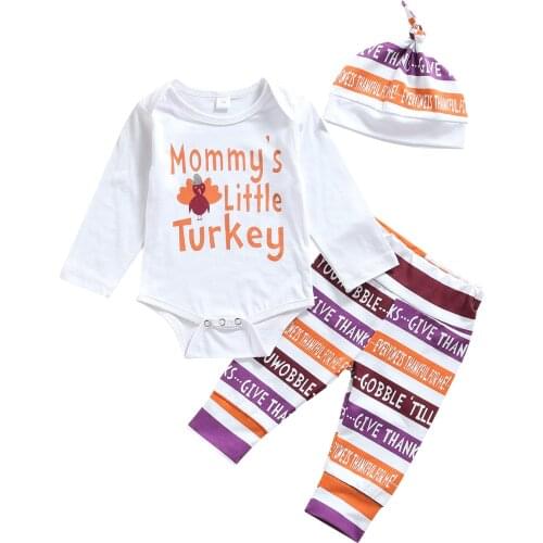 2021 0-18M Toddler Thanksgiving Clothing Boys Girls Letters Print Long Sleeves Romper+Striped Pants+Hat Costume Outfits 3pcs Set