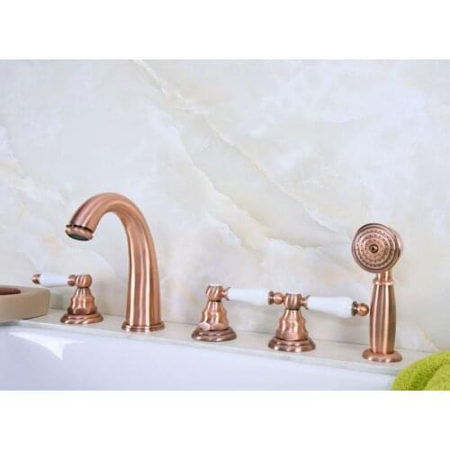 Antique Red Copper Brass Widespread Three Handles Deck Mounted 5 Holes Bathroom Tub Faucet Mixer Tap With Handshower mtf231