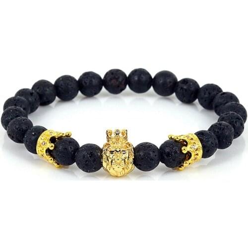 Lion Bracelet Atolyestone Jewelry 8mm Black Rock Lava Stone Beaded Imperial Crown Leo King Head Bracelet Pulseira Masculina