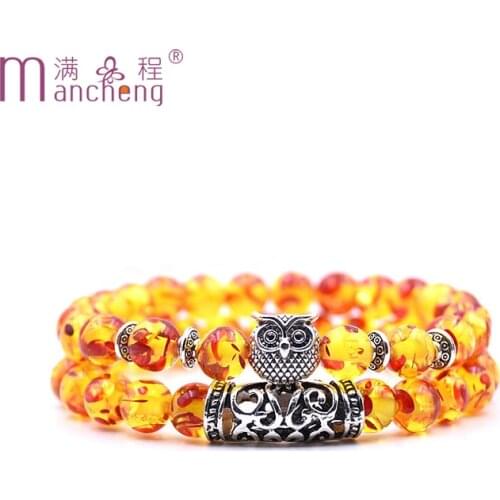 2PCS / Sets Vintage silver White Red pine turquoise Volcanic LAVA Amazonite Tigers eyes beads amber owl bracelet men women