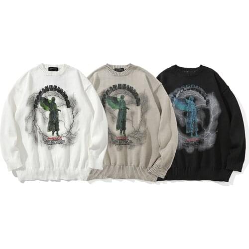 Men Hip Hop Knitted Jumper Sweaters Angel Lightning Printed Streetwear Harajuku Autumn Oversize Hipster Casual Pullovers