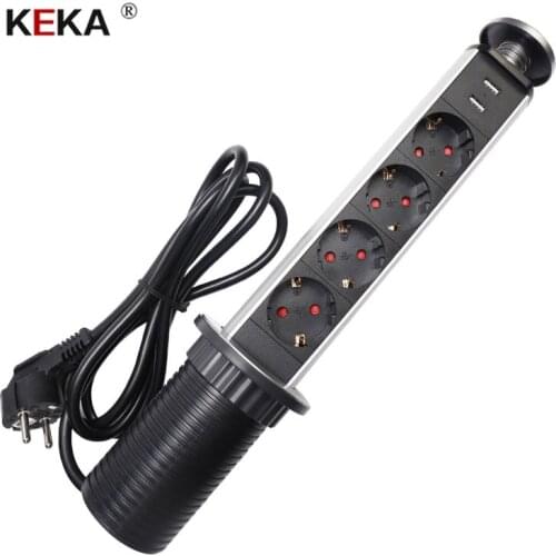 KEKA EU Plug socket 4 power sockets Kitchen Table Electrical Socket Power 1 Led+2 charge USB Aluminum Shelf Worktop EU Plug