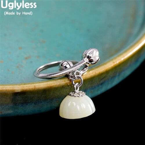 Uglyless 100% Real Hotan Jade Lotus Rings for Women Gemstones Charms Rings Glossy Silver 925 Silver Lotus Buds Ethnic Jewelry