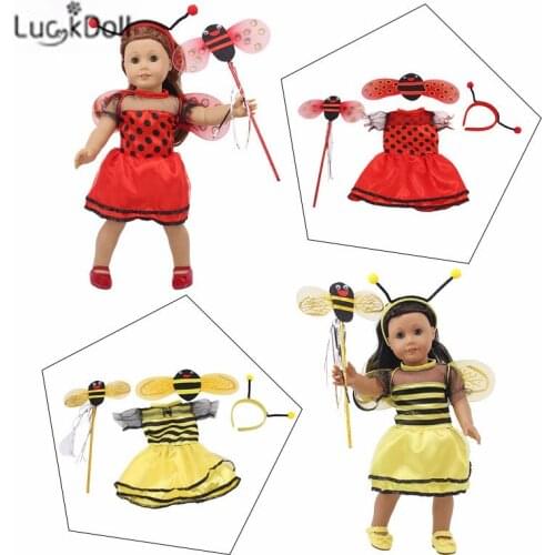 LUCKDOLL Fashion Two-Color Bee Four-Piece Suit 18-Inch American Doll Clothes Accessories, Girl Toys, Generation, Birthday Gift