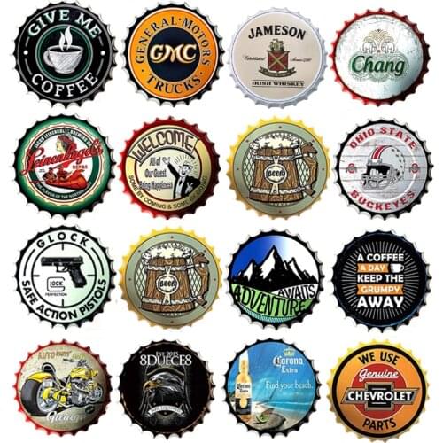 Metal Round Beer Cap Tin Sign Vintage Classic Hanging Crafts Decor Beer Coffee Car Garage Wall Plaques Art Print Painting Plates