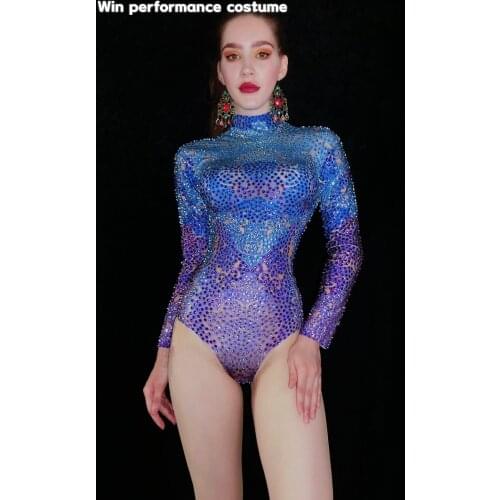Fashion Stage Rhinestone Gradient Color Bodysuit Women Nightclub Bar Party Outfit Performance Dance Costume