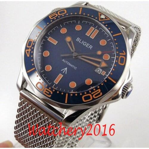 41mm bliger Blue dial sapphire glass date ceramic bezel automatic mens watch