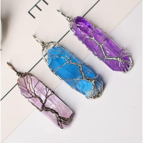 Natural Crystal Pendant Tree of Life Mineral Gem Pendant Simple Stylish Mens and womens Jewelry Healing Stone Amulet