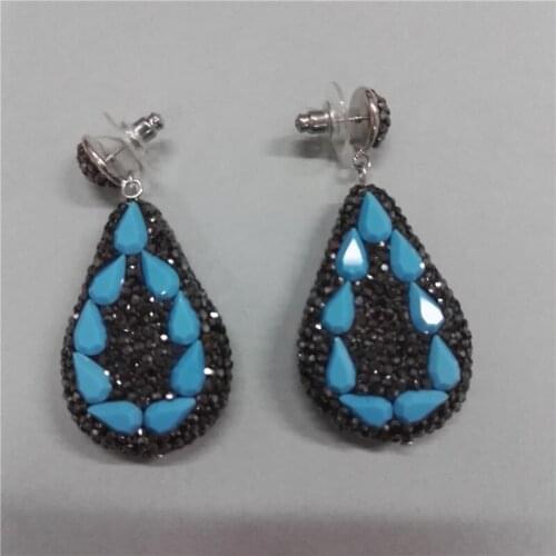 Luxury Jewelry Blue Black Rhinestone Paved Water Drop Tear Drop Beads Charms Double Side Dangle Earrings For Women Wedding Gift