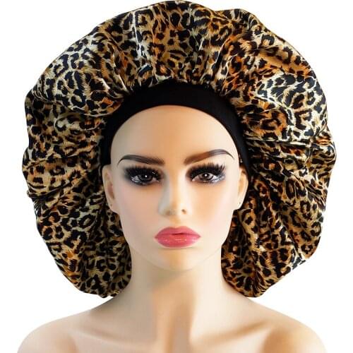 Leopard Print Jumbo Satin Bonnet Cap Nightcap Exaggerated Hair Care Hat Wide Rubber Band Head Cap