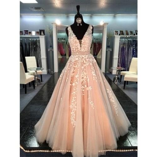 Chic Beautiful Prom Dresses Long A-line V neck Applique Evening Dresses Beading Sash Peach Formal Dress wedding dress