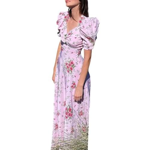 Women Elegant Long Dress Summer Flower Print V-Neck Short Puff Sleeve Vestifod for Ladies Zipper Casual Holiday Dresses