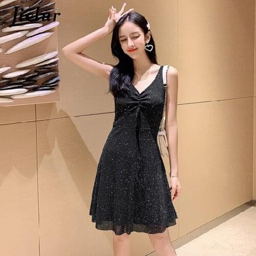 Jielur Sequined Dresses Women Sexy V-neck Spaghetti Strap Lace up Korean Elegant Slim Ladies Dress Solid Color Vestidos Mujer