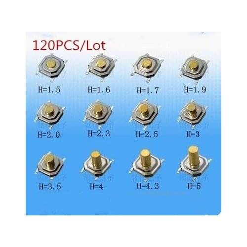 120pcs Assorted Micro Tactile Push Button Touch Tact Waterproof Switch Kit 4x4x1.5~5 SMD 4 Pin LCD Monitor Repair SMT 4*4*1.5