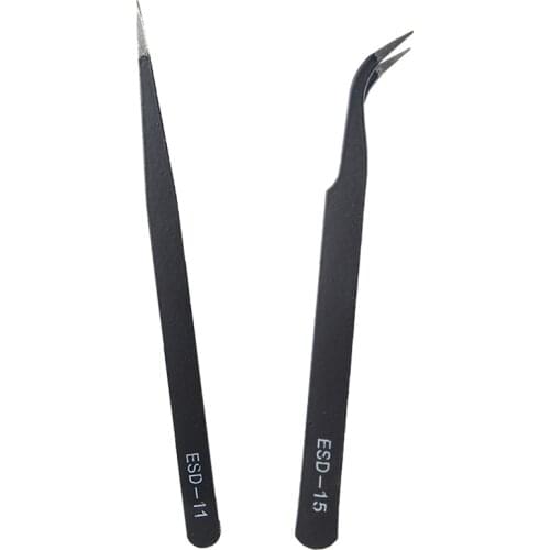 2 Pieces/lot Anti-static ESD-11 ESD-15 Tweezer Repair Tweezers Black Elbow Stainless Steel For Soldering Station Hand Tools