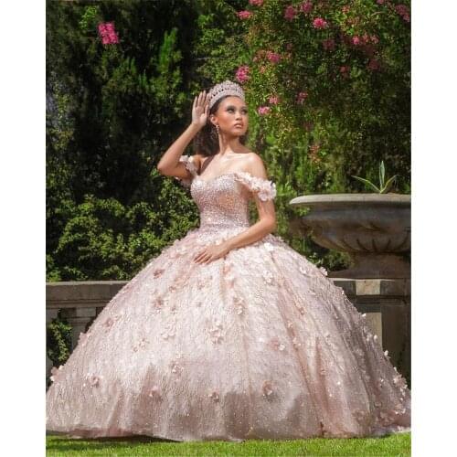 2021 Champagne Sparkly Ball Gown Quinceanera Dresses Gorgeous Sequines Beads 3D Flowers Sweet 15 16 Dress Party Wear XV Anos