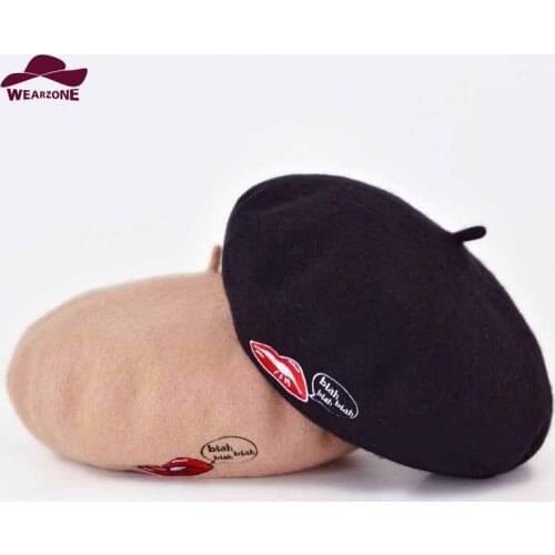 Fashion woman100% Wool winter beret hat Berets sexy red Lips embroidery Hats elegant felt Beret Baret Hats Boinas Mujer Caps