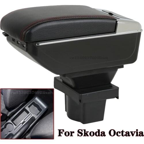For Skoda Yeti Octavia A5 MK2 2005-2012 Armrest box Dual Layer Rotatable PU Leather Center Console Storage Box Ashtray USB