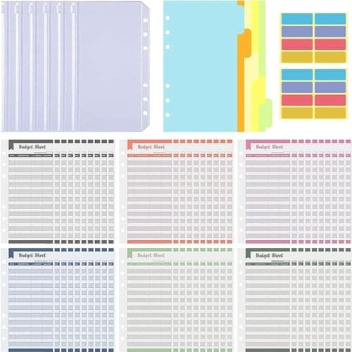 Expense Tracker Budget Sheets 60 Pcs with A6 6Pcs Binder Pocket & 5Pcs Dividers & 2 Sheet Color Sticker Labels for Home