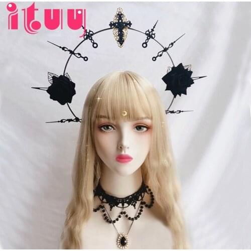 Handmade KC Halo Virgin Mary Black Rose Spiked Halo Crown Headpiece Halloween Gothic Dark Aura Cross Halo Headwear Headhand Gift