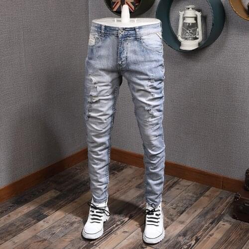 Korean Style Fashion Men Jeans Retro Light Blue Slim Fit Destroyed Ripped Jeans Men Streetwear Designer Hip Hop Denim Punk Pants