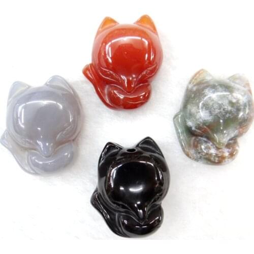 Natural stone Quartz crystal india hand-carved fox pendants Gems beads for diy jewelry Making necklace Accessories 6Pcs