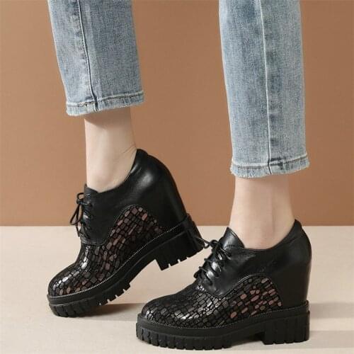 Fashion Sneakers Women Genuine Leather High Heel Pumps Shoes Female Med Top Round Toe Chunky Platform Ankle Boots Casual Shoes