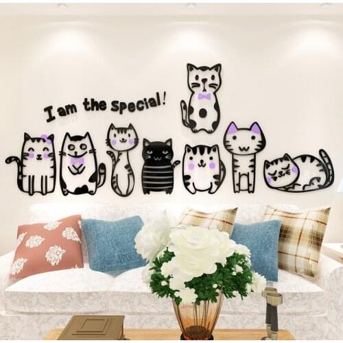 Creative INS cartoon cat DIY Childrens room bedroom home living room TV background wall decoration 3D acrylic wall sticker