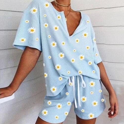 Womens Sleepwear Daisy Floral Print Short Set Pajamas For Women Pajama Set Sweet Short Sleeve T Shirts & Shorts Summer Pijama