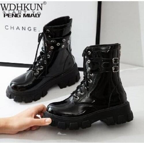 2021 Platform Patent Leather Boots Rivet Women Autumn Punk Motorcycle Boots Block Gothic Thick Sole Shoes Women Mid-Calf Boots