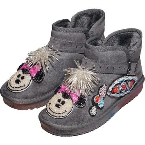 Cow Suede Snow Boots Women Rhinestones Fur Ankle Boots 2020 Bling Crystals Cartoon Warm Plush Winter Shoes Woman Botas Mujer