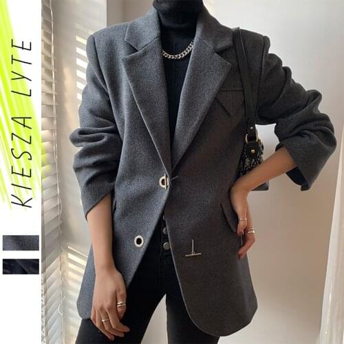 Suit Jacket Women 2021 New Fashion Solid Black Grey Metallic Button Woollen Coat Female Office Wear Suits Blazer