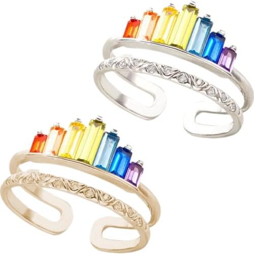 Women Open-end Crown Ring Adjustable Double Band Circlet Micro Diamonds Rainbow Colorful Ring Female Engagement Wedding Gift