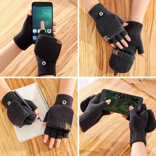 Winter Gloves For Men Half Finger Flip Cover Fingerless Clamshell Knitting Office Wool Warm Student Writing Game Women Mittens
