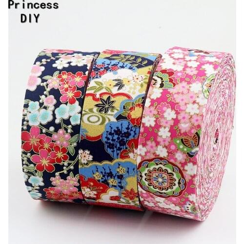 5Meter/Lot Hair Accessories Material Japanese Ribbon Gold Rimmed Floral Print Cotton Fabric Layering Style Hand Craft Material