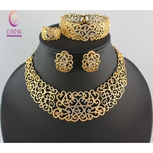 African Costume Jewelry Sets Gold Crystal Wedding Women Bridal Accessories nigerian Flower Pattern Necklace Set