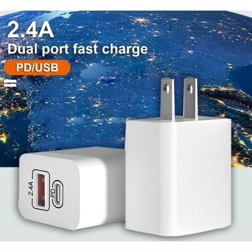 2.4A USB PD Type-C Fast Charging Mobile Phone Quick Charger Multiple Protection Dual-Port Travel Charger Adapter EU/US Plug