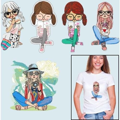 The Girl with Glasses Thermal transfer printing Heat Transfer PVC Patch Applique on Clothes Heat-sensitive patches