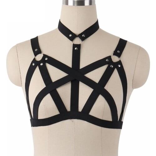 Elastic Black Harness Harajuku Sexy Cage Bra Lingerie Adjustable Crop Top Bondage Harness Womens Fetish Wear Cupless Bra O0219