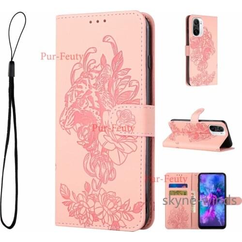 Flip wallet stand phone holder leather case for Xiaomi Mi 11 Lite Redmi K40 Note 8T tiger embossing cover coque fundas casing